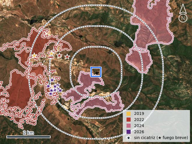 Cicatrices de incendios alrededor del predio, con anillos de 1, 2 y 3 km