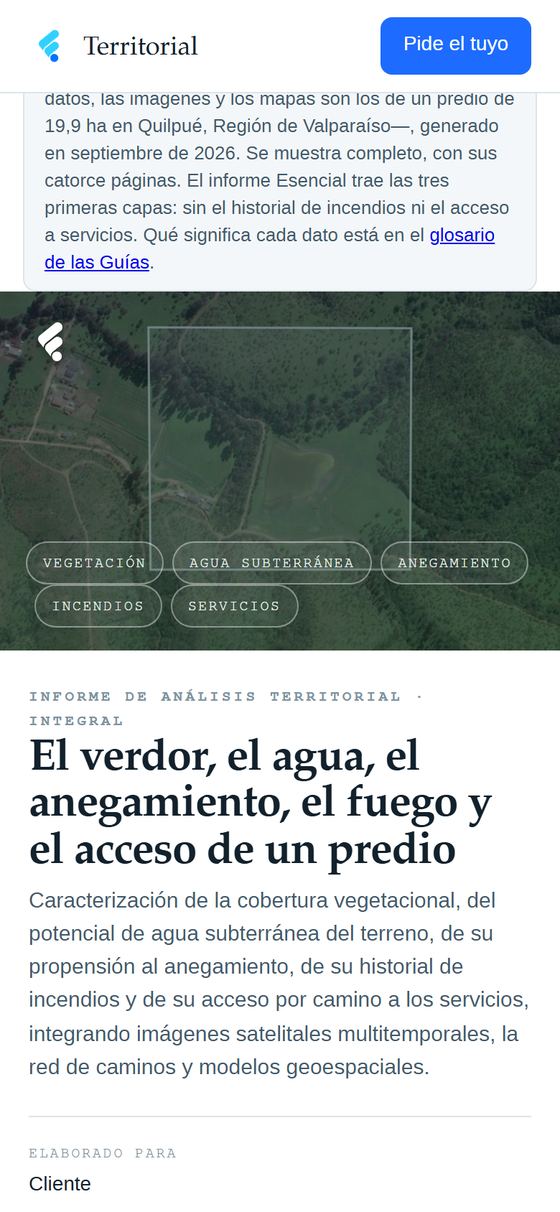 Portada del informe: el predio en imagen satelital y las cinco capas que trae