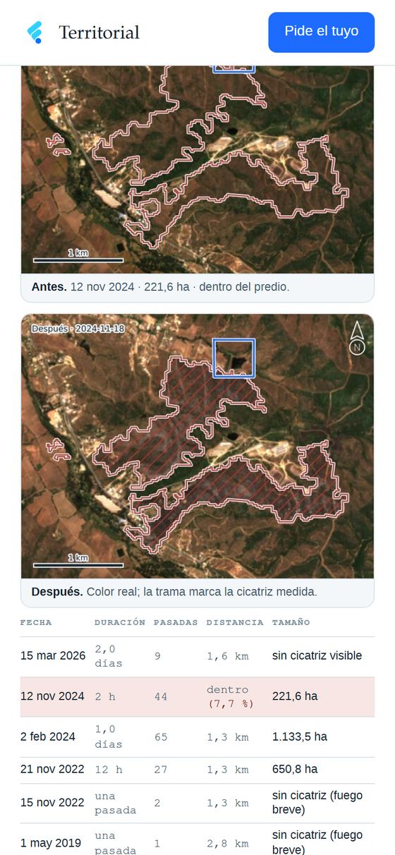 La cicatriz del fuego de noviembre de 2024 antes y después, con la trama sobre lo quemado, y la tabla de eventos