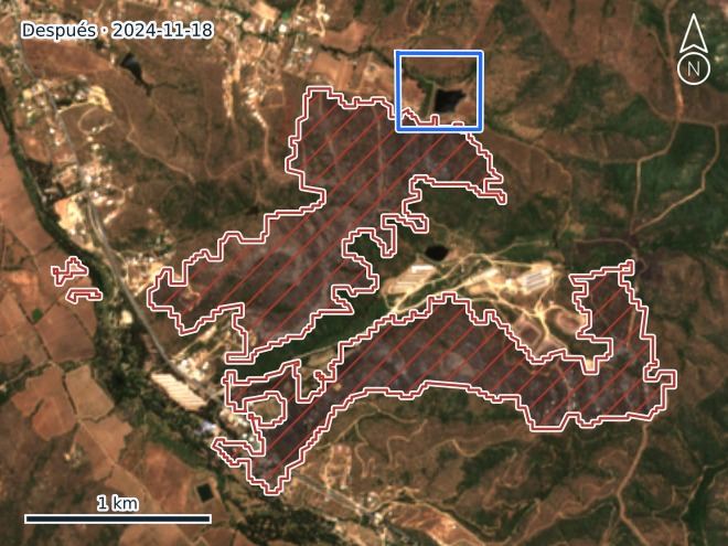 El mismo sector después del fuego, con la cicatriz medida